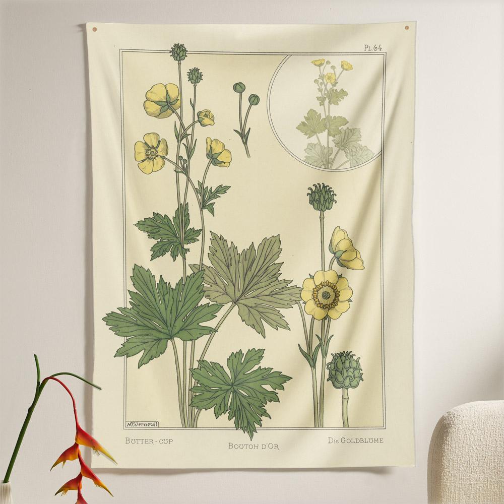 The Buttercup Flower Tapestry (80x60 inches / 200x150 cm) from Nirvana Threads is the perfect vintage flora gift to say I love you but I also love classic garden floral wall hanging boho bedroom vibes