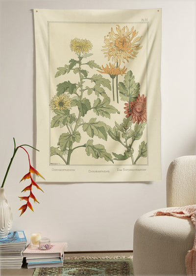 The Chrysanthemum Flower Tapestry (60x40 inches / 150x100 cm) from Nirvana Threads is the perfect vintage flora gift to say I love you but I also love classic garden floral wall hanging boho bedroom vibes