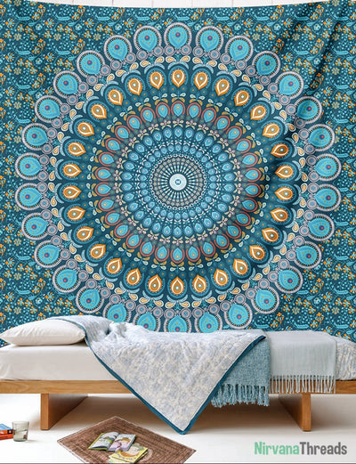 Blue Peacock Mandala Tapestry-nirvanathreads