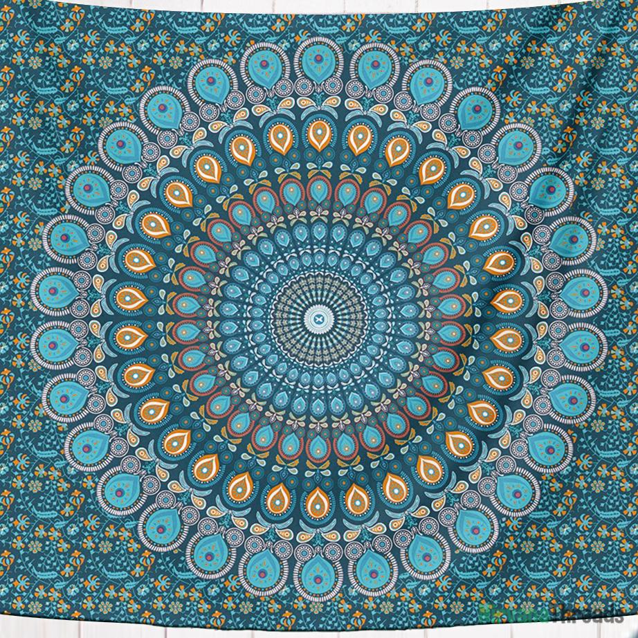 Blue Peacock Mandala Tapestry-nirvanathreads