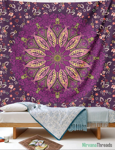 Purple Flower Mandala Tapestry-nirvanathreads